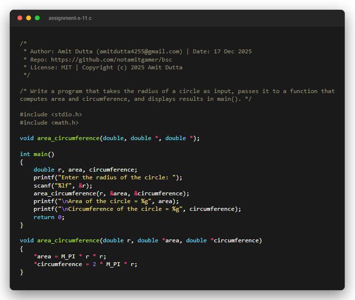 Write a program that takes the radius of a circle as input, passes it to a function that computes area and circumference, and displays results in main().